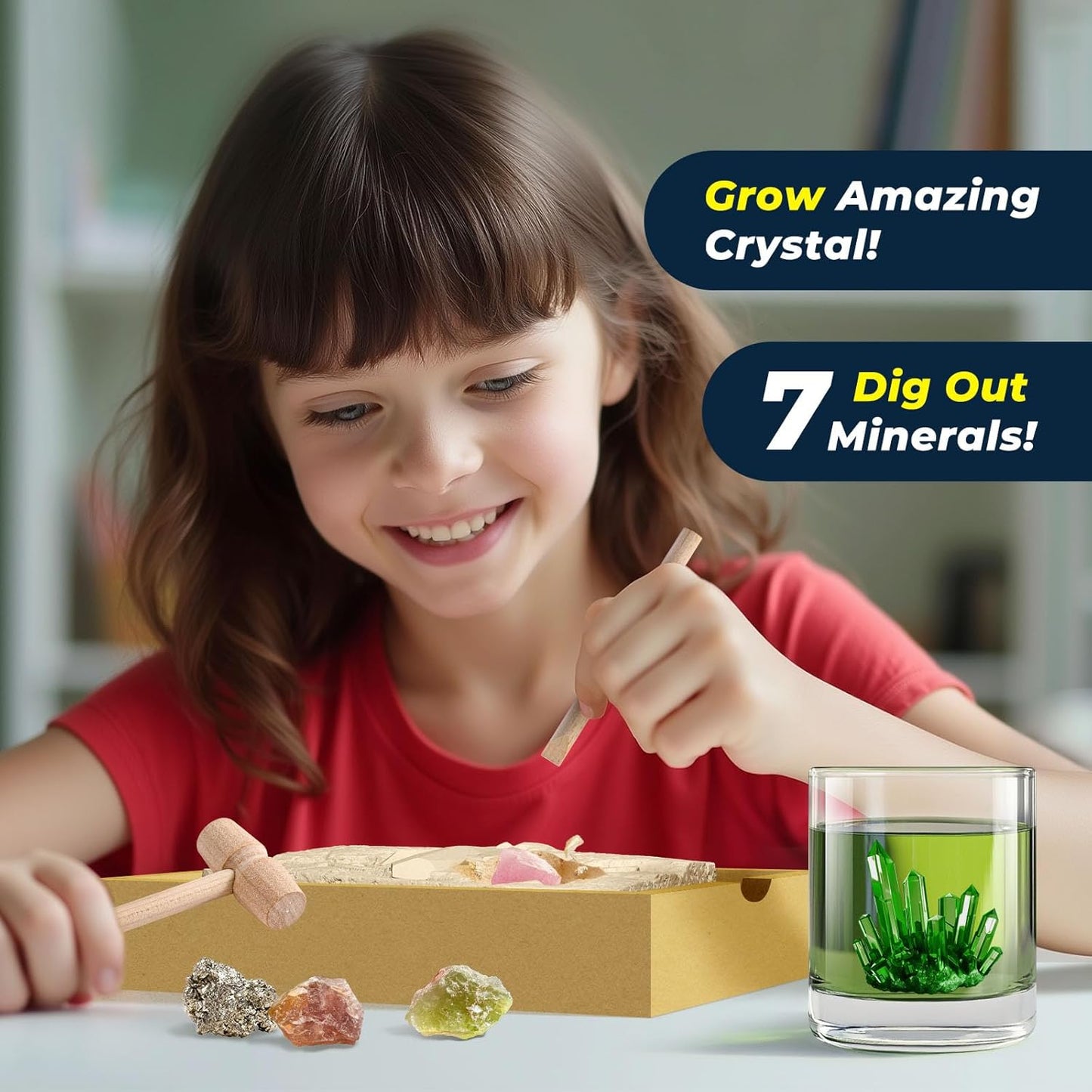 Crystal Growing Kit for Kids, 7 Rocks ＆ Minerals with Mining Kit Tools, Gemstone Dig Kit for Kids, STEM Educational Geology Kit, Science Kits for Kid Age 8-12, Birthday Gifts for Boys Girls