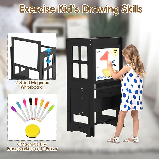 4 in 1 Kitchen Step Stool Helper for Toddlers, Adjustable-Height Toddler Learning Standing Tower with Double-Sided Whiteboard, Non-Skid Feet Kids Step Stools for Kitchen Counter Bathroom Sink