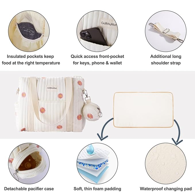 Large Diaper Bag Tote, Maternity Travel diaper tote, Multifunction baby bag, Baby Nappy Bags, Messenger bag (Medium - Flowers)