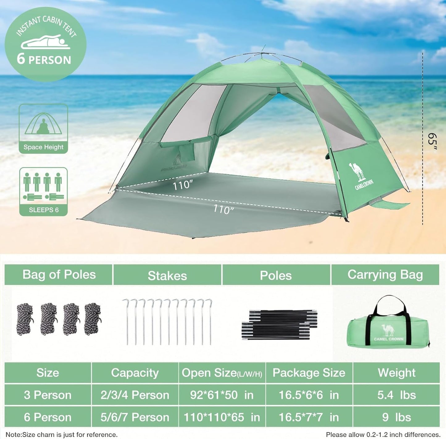 CAMEL CROWN Beach Tent UPF 50+ Sun Shelter for 2/3/5/6 Person, Lightweight Portable Sun Shade with Sand Anchor, Family Beach Day & Outdoor Adventures