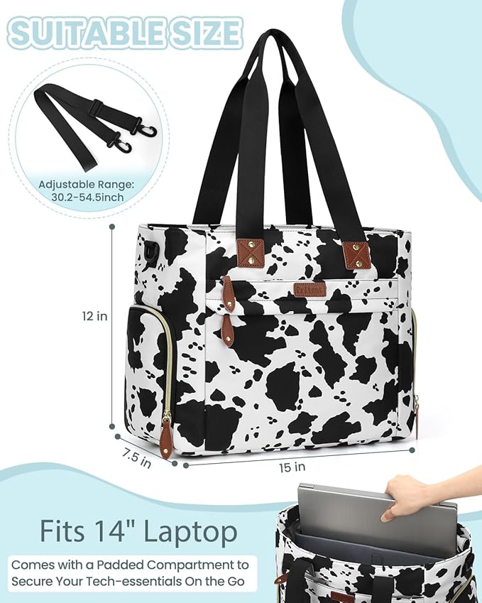Diaper Bag Tote for Working Mom, Large Travel Diaper Tote for Mom and Dad with 14 Inch Laptop Sleeve, Mommy Maternity Travel Baby Bag for Boys and Girls, Cowprint