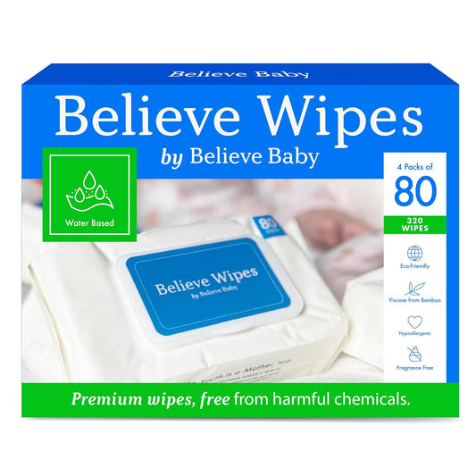 Believe Viscose Bamboo Baby Wipes 80pc x 4 Packs (320ct), Multi-Use Water Based Wipes Baby Sensitive Skin, Hypoallergenic and Fragrance Free for Babies – Gentle Plant-Based Viscose Bamboo Wet Wipe