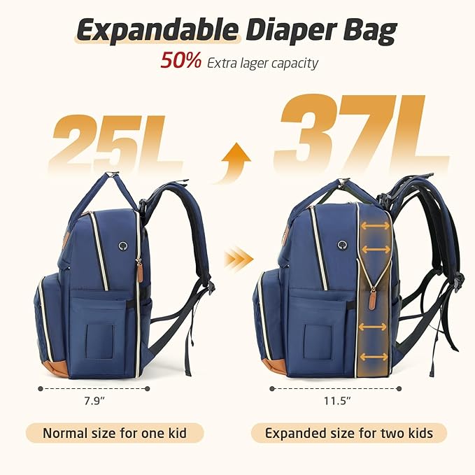 Diaper Bag Backpack - Extra Large Diaper Bag for 2 Kids Twin, Travel Baby Bags for Mom Dad 25-37L Expandable with Changing Pad Earphone Hole, Solid Blue