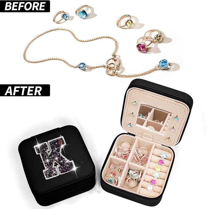 Travel Jewelry Case - Personalized Jewelry Box for Women,Small Jewelry Organizer Cute Jewelry Organizers and Storage Aesthetic,Travel Essentials Birthday Gifts for Girls Women | Black,K