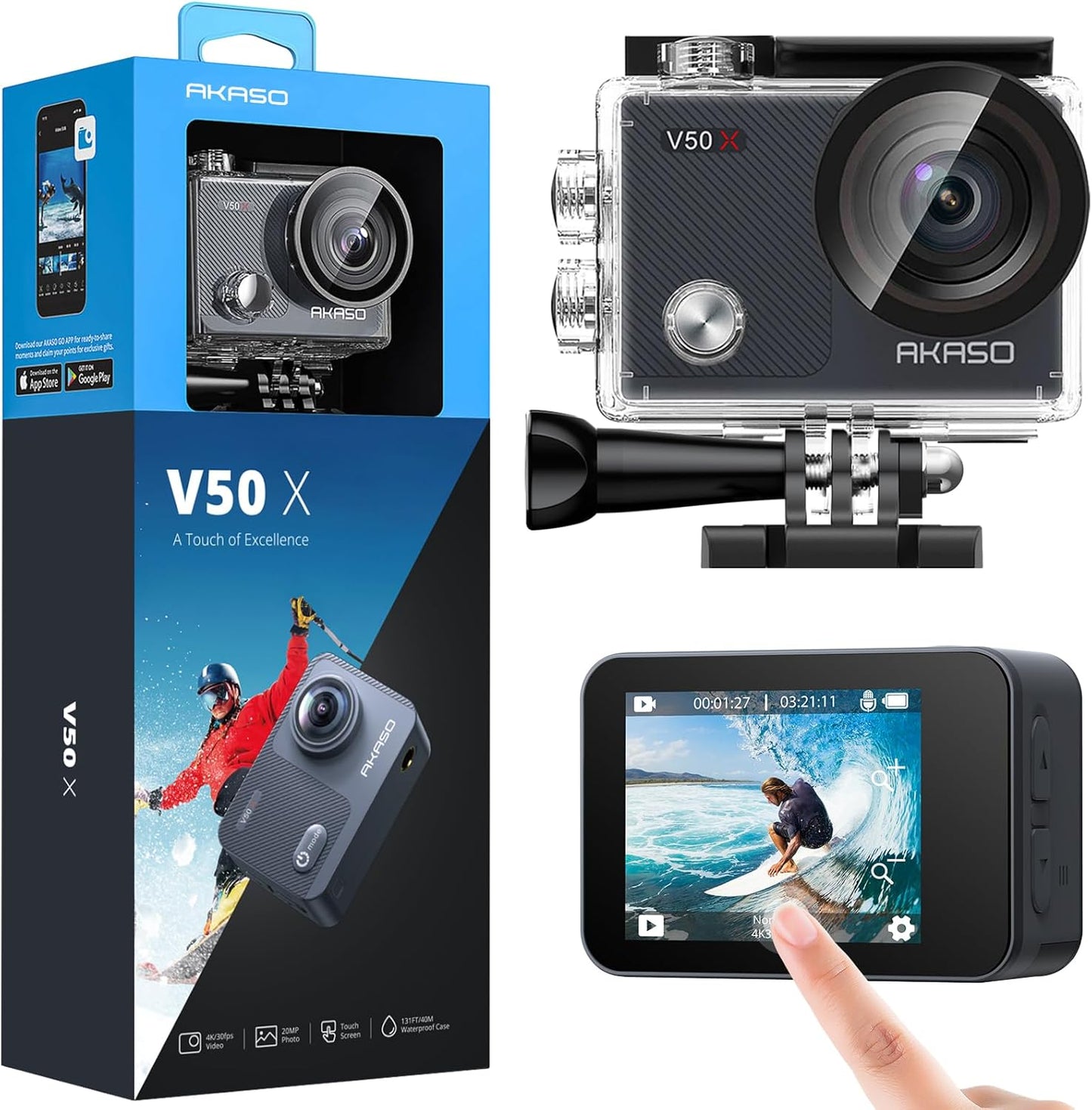 AKASO V50X Native 4K30fps WiFi Action Camera with EIS Touch Screen 4X Zoom 131 feet Waterproof Camera Support External Mic Remote Control with Helmet Accessories (Without 64GB MicroSD Card)