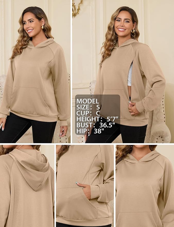 Bhome Nursing Sweatshirt Hoodie for Breastfeeding with Hidden Zippers Maternity Breast Pumping Tops Kangaroo Pocket