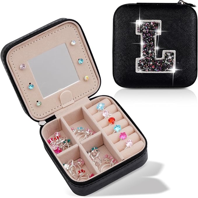 Travel Jewelry Case - Personalized Jewelry Box for Women,Small Jewelry Organizer Cute Jewelry Organizers and Storage Aesthetic,Travel Essentials Birthday Gifts for Girls Women | Black,L