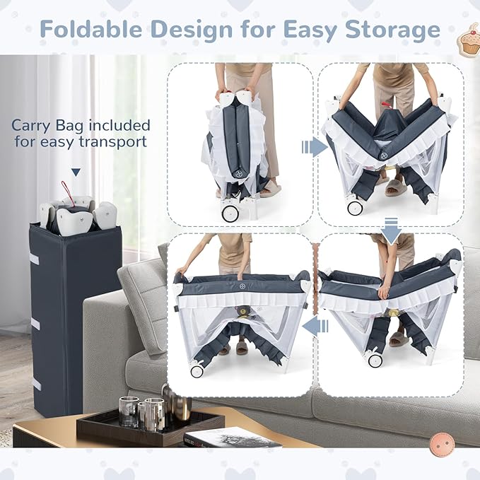 HONEY JOY 4-in-1 Pack and Play with Canopy, Portable Baby Playard w/Changing Table and Infant Bassinet Cute Toys & Music, Foldable Bassinet for Newborn and Toddler(Gray)