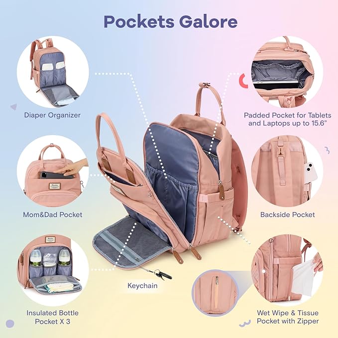 RUVALINO Diaper Bag Backpack, Multifunction Travel Pack Maternity Baby Changing Bags, Large Capacity, Waterproof, Pink