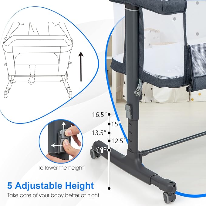 INFANS 3 in 1 Baby Bassinet, Bedside Sleeper for Newborn, Folding Crib with Mattress, Travel Bag, Wheels, 4-Sided Mesh, Easy to Assemble Cradle Co Sleeper Stationary, Rock (Dark Grey)