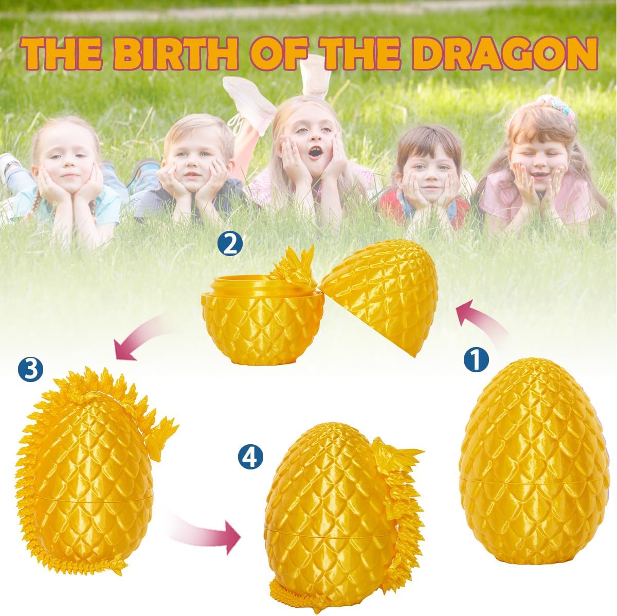 3D Printed Dragon Eggs with Dragon Inside, 12In Silk Gold Dragon Egg Fidget Toy, Executive Desk Articulated Dragon Toy, Home Office Decoration