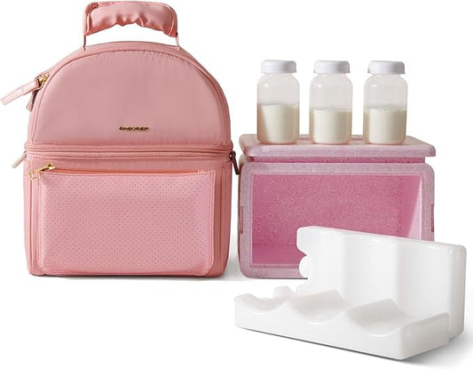 Sunveno Breastmilk Cooler Bag Set with 2 Ice Packs & Detachable Insulation Box, 15-Hour Cold Retention Foil-Lined Leak-Proof Tote Fits 3 Baby Bottles for On-The-Go Pumping Moms, Daycare & Travel,Pink