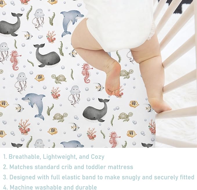 Boho Sea Animals Baby Crib Fitted Sheet 52''x28'' Whale Dolphin Jellyfish Sea Horse Turtle Fish Coral Snug Fitted Crib Mattress Cover for Boy Girl Soft Bed Sheets for Standard Crib Toddler Mattress