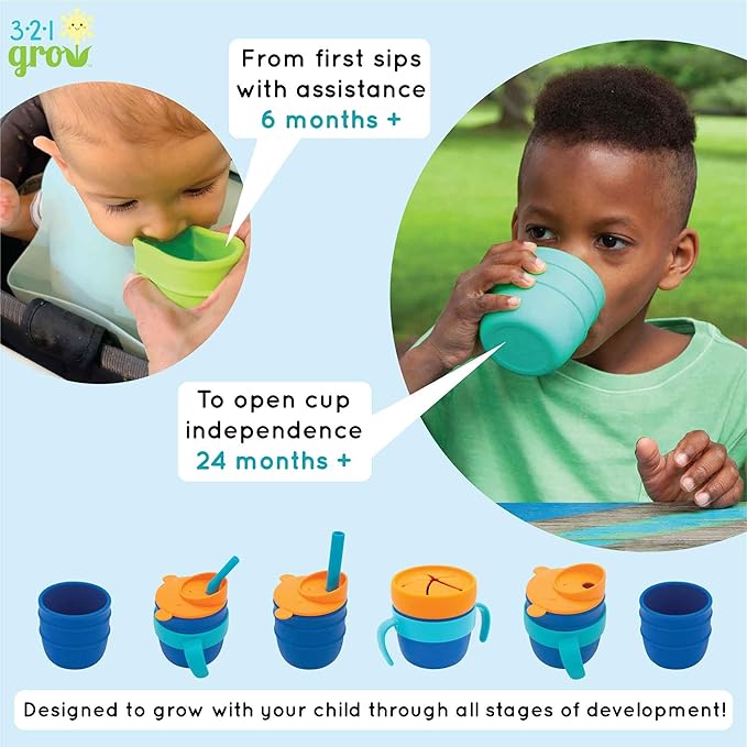 Easy Learn Drink and Snack Set – Baby + Toddler Silicone Learning Cup & Snack Set, Training Cup for Straw and Open Cup Independence – Dishwasher Safe (Ocean)