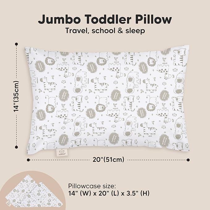 KeaBabies Toddler Pillow with Pillowcase, Jumbo 14X20 - Soft Organic Cotton Toddler Pillows for Sleeping - Machine Washable - Perfect for Travel, Toddler Bed Set (KeaSafari)