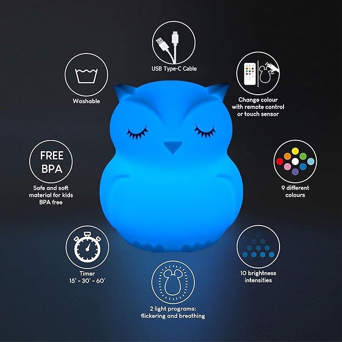 Large Owl Night Lights for Kids LED Nursery Lamp Children's Room Moon Bedside Lamp, Changeable Brightness & Color Child Table Night-Light, Lighting for Travel and Camping Child Gift - Large