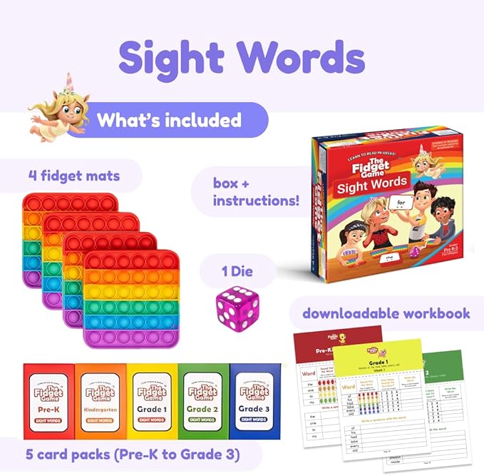 The Fidget Game Ultimate Reading Bundle - Flashcards and Pop Fidget Toys for Kids Pre-K to Third Grade - Learning Activities and Games for High-Frequency Dolch Sight Words - Includes Mats and Dice