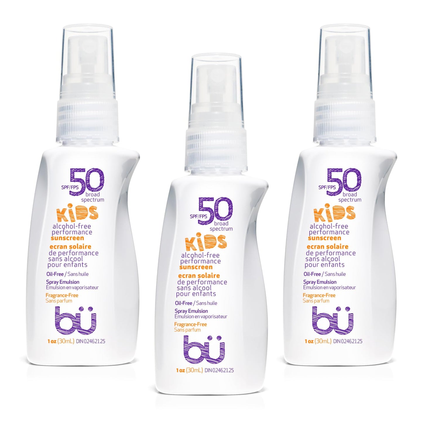 BU SPF 50 Kids Sunscreen Spray for Face and Body, Non Aerosol Spray, Fragrance Free, Clear, Non Greasy, Water Resistant, Fragrance Free 1 oz (3 Pack)