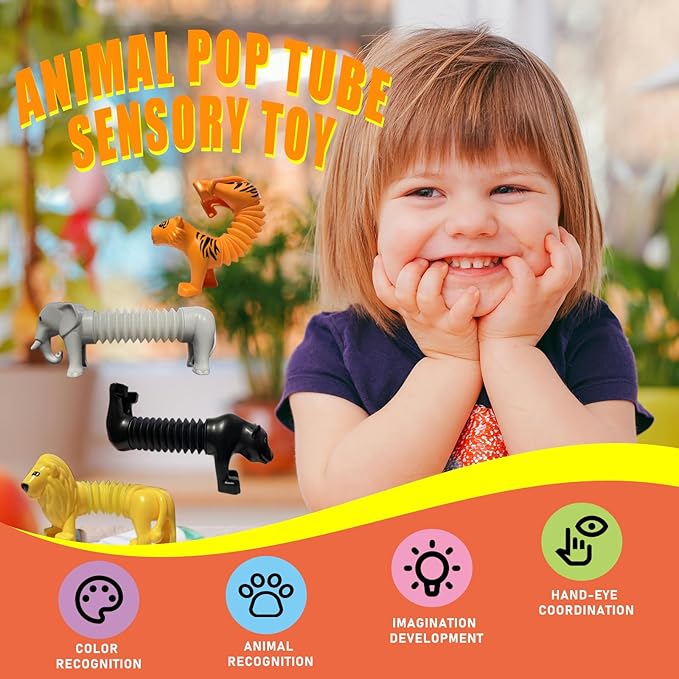 Animal Pop Tubes Sensory Toys 6 Pack Fidget Toddler Stretchable Stress Relief Tubes for Autism, Party Favors, Christmas Stocking Stuffers, Birthday Gifts for Kids Boys & Girls