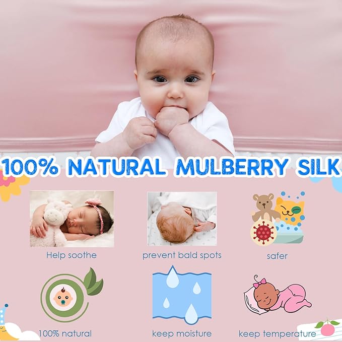 PROMEED 100% Mulberry Silk Crib Sheet for Baby Hair, 23 Momme Silk Bassinet Slip for Baby Bald Spots, Soft and Safe Cot Sleeve for Everyday Use (Pink)