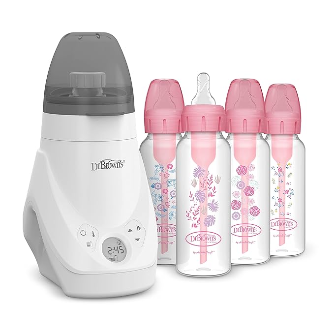 Dr. Brown’s Deluxe Baby Bottle Warmer and Sterilizer for Bottles and Baby Food Jars with Anti-Colic Options+ Narrow Baby Bottles 8 oz/250 mL, Level 1 Slow Flow Nipple, 4 Pack, 0m+, Pink Floral