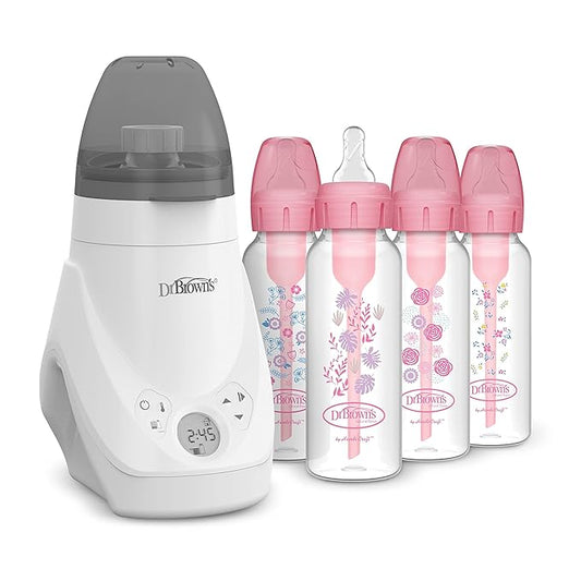 Dr. Brown’s Deluxe Baby Bottle Warmer and Sterilizer for Bottles and Baby Food Jars with Anti-Colic Options+ Narrow Baby Bottles 8 oz/250 mL, Level 1 Slow Flow Nipple, 4 Pack, 0m+, Pink Floral