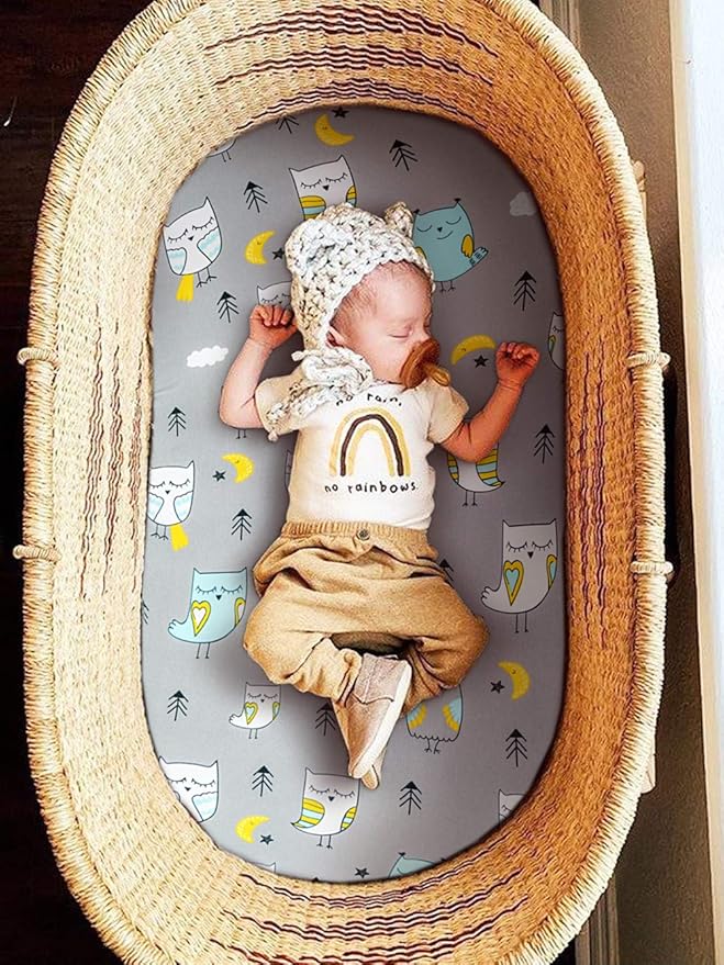Stretchy Bassinet Sheet Set BROLEX 2 Pack Snug Fitted Cradle Fitted Sheets for Bassinet Pads/Mattress, for Boys Girls,Unisex,Ultra Soft Breathable,Owl Bear