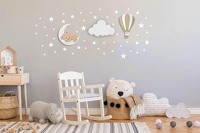BugyBagy Nursery Wall Lamp Set – 3 Hand Painted Night Lights for Baby Room (Hot Air Balloon, Cloud, Elephant on Moon) + Bonus Wall Stickers – Soft Linen Colors Pink or Blue (Beige Theme 2)