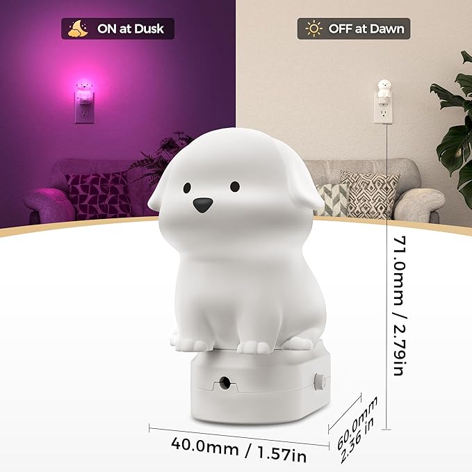 DORESshop LED Night Light for Kids[2 Pack], 3D Cute Puppy Night Lights Plug into Wall with Dusk to Dawn Sensor, RGB+Soft White 3000K Dog Night Light, Christmas Birthday Gift for Kids, Room Decor