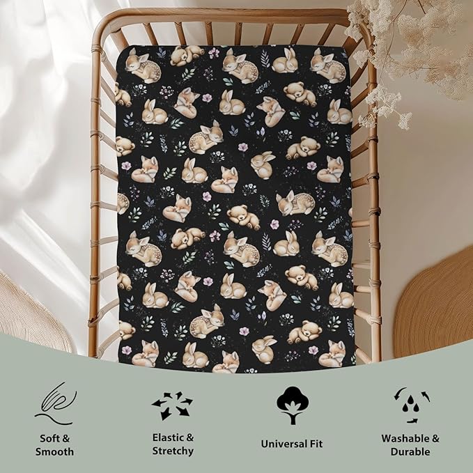 Sleeping Spring Animals Baby Crib Sheets Boy Girl 28"x52" Bear Deer Bunny Floral Leaves Soft Snug Fitted Crib Mattress Cover Cute Animals Baby Sheet for Standard Crib & Toddler Mattress
