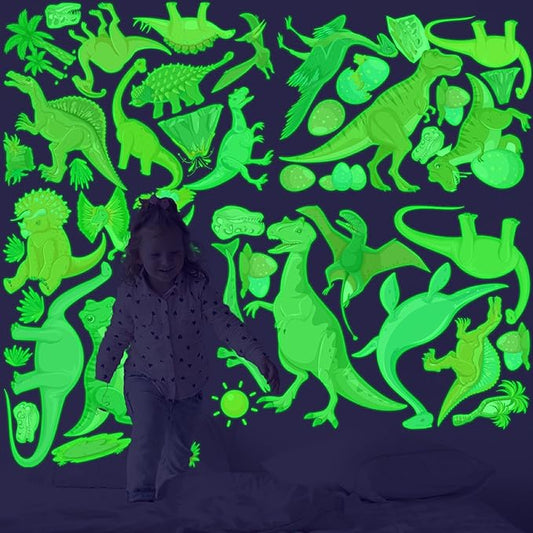 Glow in The Dark Dinosaur Stickers, 48 PCS Glowing Luminous Dinosaur Eggs Wall Decals Jungle Dino Ceiling Stickers for Kids Boys Girls Bedroom Nursery Playroom Party Room Decor
