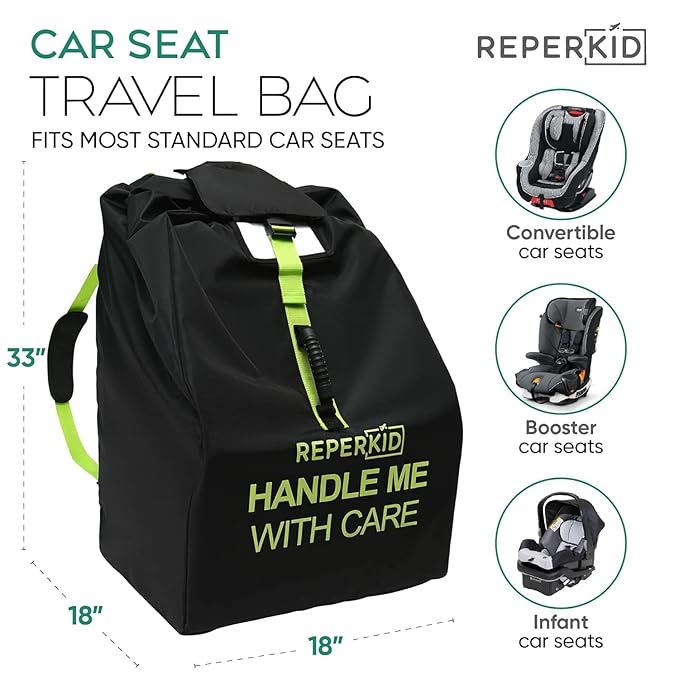 reperkid Car Seat Travel Bag for Airplane, Black and Green, 33" H x 18" W x 18" D, Fits Most Convertible, Booster and Infant Car Seats – Premium Waterproof Cover, Adjustable Shoulder Strap