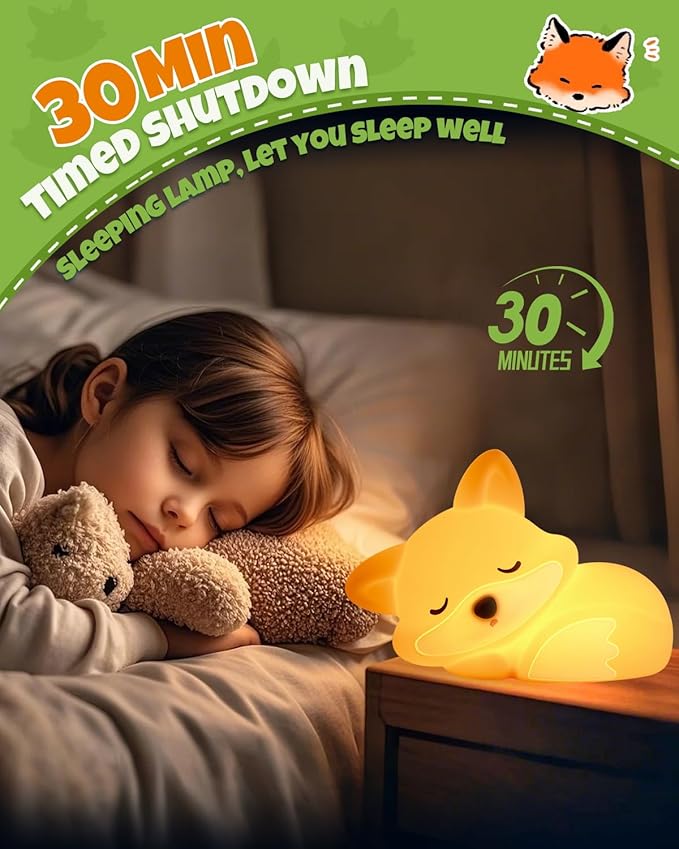 Cute Fox Night Light, Animal Lamp, Food Grade Silicone, Rechargeable, 2 Level Dimmable, Squishy Nursery Nightlight for Desk Decor, Funny Gifts Stuff for Boys Girls Baby, White Elephant Gifts