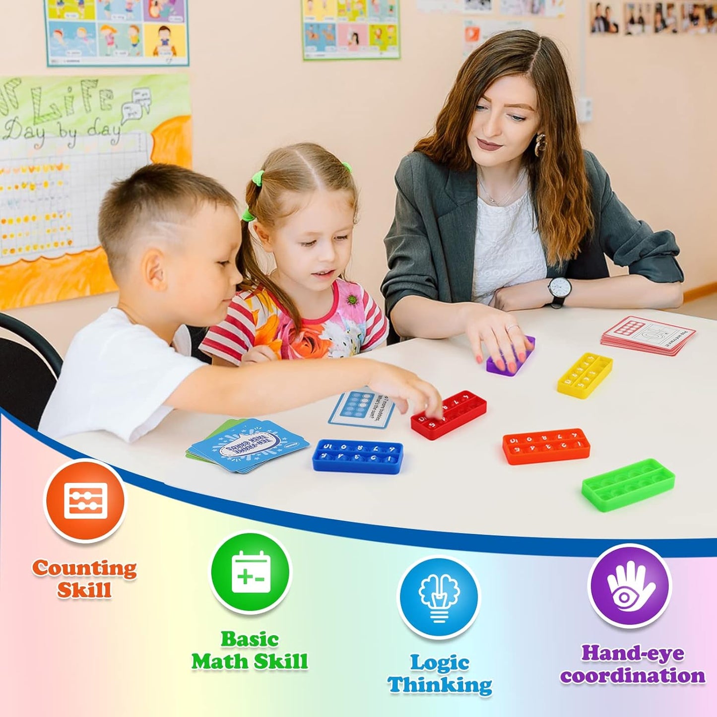 Ten-Frame Math Manipulative for Elementary,Counting Number Math Games, Montessori Educational Toy for Kindergarten Classroom Kids 3 4 5 Year Old (Upgraded Version for 20 Task Cards)