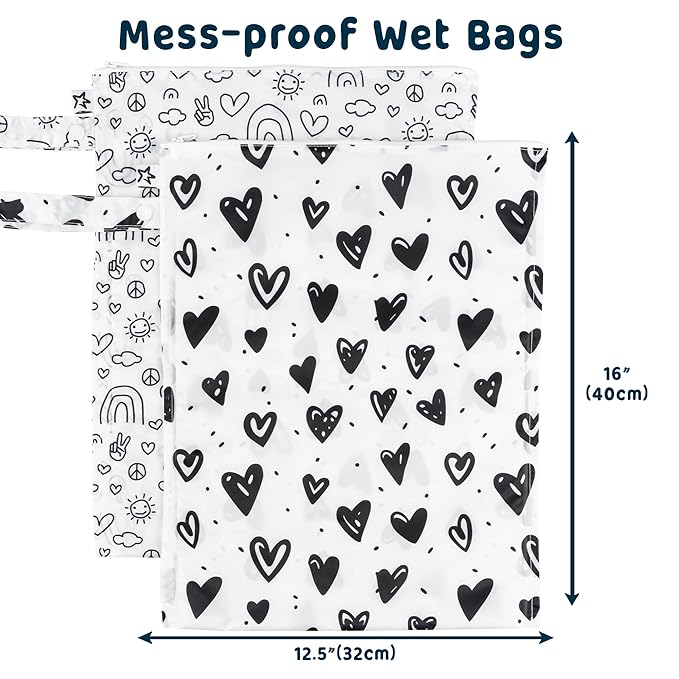Tiny Twinkle Mess-Proof Waterproof Wet Dry Bag | 2-Pack Reusable Wet Bags for Swimsuits & Baby Clothes | Leakproof Wet Bag for Travel & Diaper Changes for Baby (Black, White)