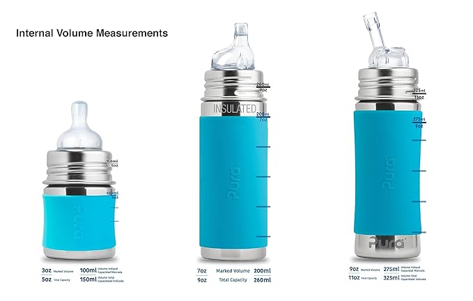 Pura Kiki 9oz/275ml Stainless Steel Infant Bottle w/Sleeve, Anti-Colic, Medical-Grade Silicone, Medium-Flow Nipple, for Babies 3 Months & Up (Moss)