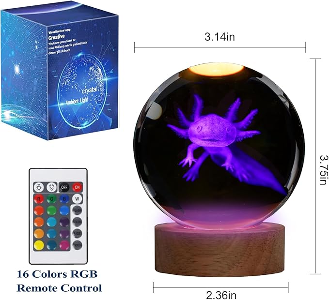 Axolotl Night Light with Upgraded 3.15 Inch 3D K9 Crystal Ball, Axolotl Lamp with Remote 16 Color Gifting Box for Birthday Xmas Cool Axolotl Figurines Gifts for Room Decor Boys Girls