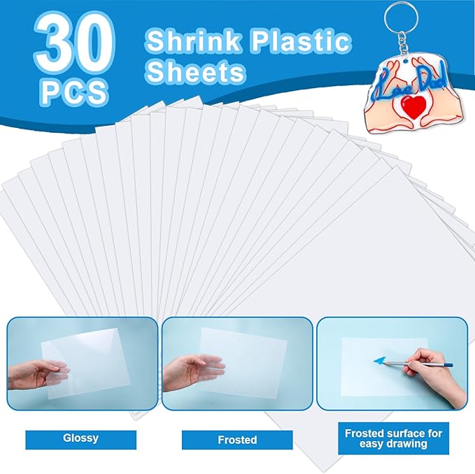 Auihiay 30PCS Shrink Plastic Sheets for Kids with 30 Keychains & 100 Jump Rings, Shrink Films Papers, Shrinky Art for DIY Handprint Keychains, Mother's Day & Father's Day Gifts