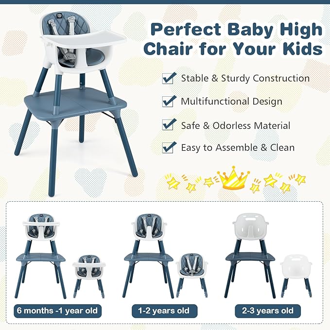 BABY JOY High Chair, 5 in 1 Convertible Highchair for Babies & Toddlers | Booster Seat | Table and Chair Set | Infant Feeding Chair with Removable Tray, Safety Harness, Removable Cushion (Blue)