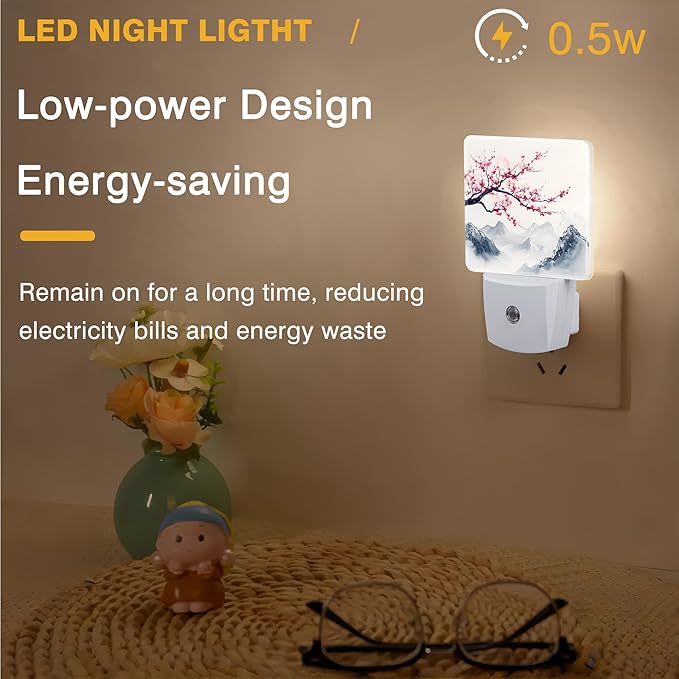 Cherry Blossom Tree Night Light, Japanese Mountains Plug-in Nightlight with Dusk to Dawn Auto Sensor for Home Bedroom Hallway Kitchen 0.5W Sleep Friendly Led Lamp for Women Men