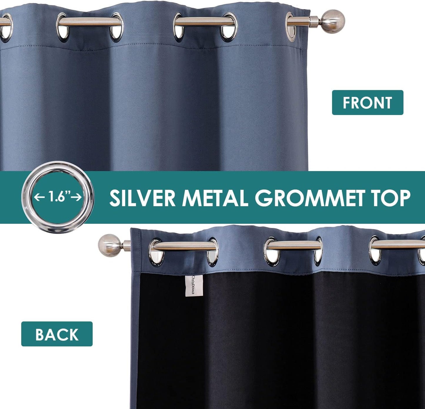 ChrisDowa 100% Blackout Curtains 102 inch Long for Bedroom with Black Liner, 2 Thick Layers Total Blackout Thermal Insulated Grommet Window Curtains 2 Panels Set (Stone Blue, 52 x 102 Inch)