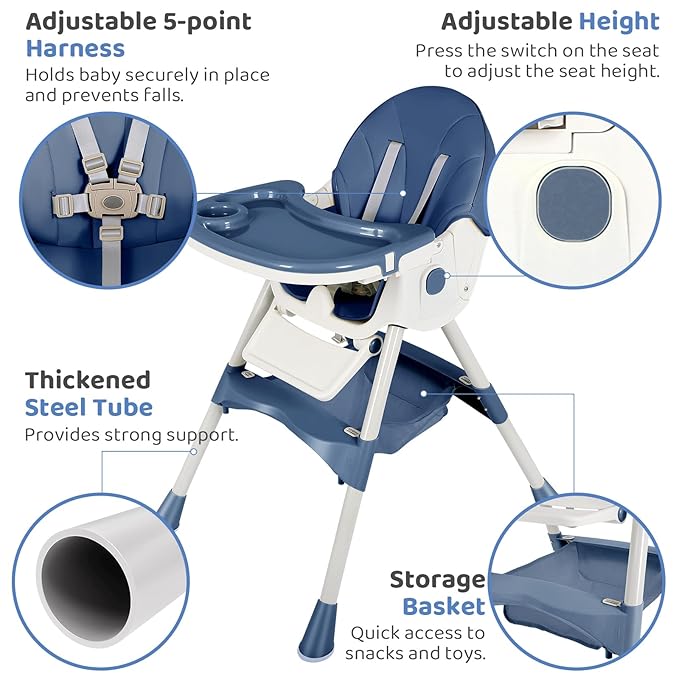 6-in-1 Foldable Baby High Chair for Babies & Toddlers – Adjustable Height & Recline, 5-Point Safety Harness, Removable Tray | Portable Highchair, Space-Saving & Easy Clean | Silla de Comer para Bebé