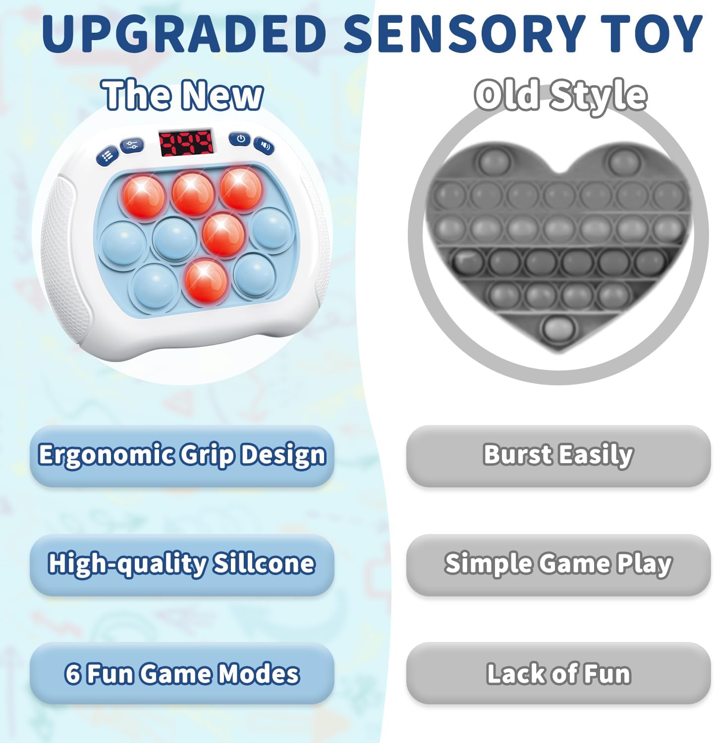 Pop Game Light Up Fidget Toy for Kids, 6 Modes LED Screen Quick Push Pop Game Controller Electric Fidget Popper Game Quick Push Bubble Game Birthday Toys for Kids Lightblue