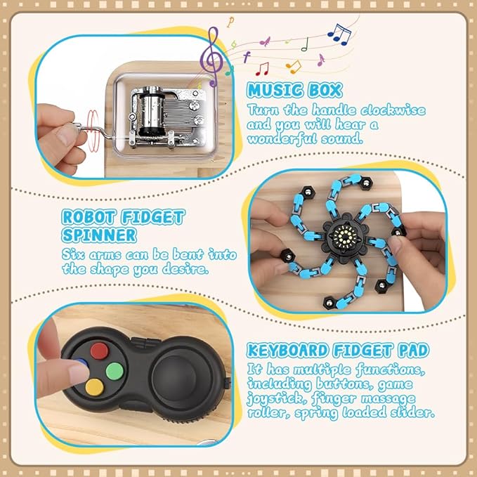 Busy Board for Toddler Kid Early Development, Fidget Sensory Learning Motor Skills Montessori Toy for Age 3 4 5, Busy Pad Fidget Spinner Travel Toy Birthday Gifts Educational Activities for Boy Girl