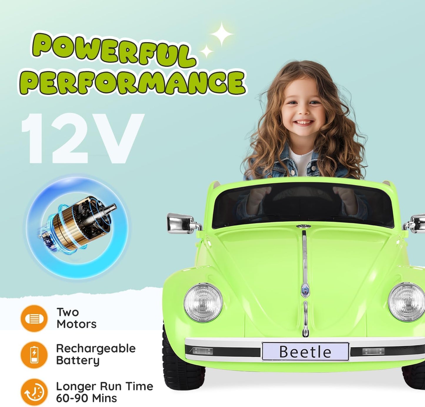 12V Kids Electric Car, Power Wheels with Remote Control, Ride on Car Toys with LED Light, 3 Speeds, Music, Green