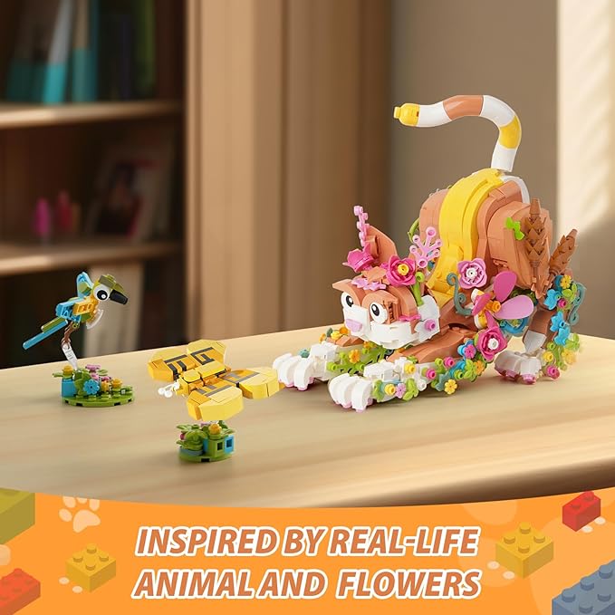 JOJO&Peach Cat and Flower Building Toy Set for Girls, Animals Plant Model Ideas Birthday for Women Adults Teens Age 8 9 10 11 12+ (1038 Pieces)