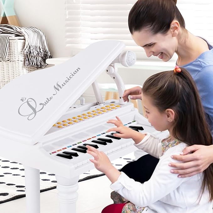 Costzon Kids Piano, 31 Key Mini Grand Piano Toy Keyboard with Microphone, Stool & Lights, Portable Electronic Piano Educational Musical Instrument Toy, Birthday Gift for Toddler Boys Girls (White)