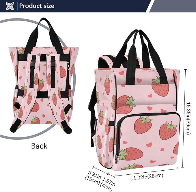 Cute Pink Strawberry Diaper Bag Backpack, Unisex Travel Baby Backpack Diaper Bags with Stroller Straps & Pacifier Case, Large Capacity Waterproof Diaper Backpack