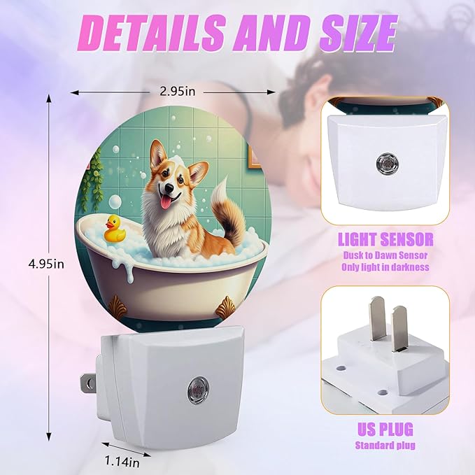 Funny Corgi Bathing Night Light Puppy Lover Night Lights LED Lamp Round Plug into Wall Nightlight with Dusk to Dawn Sensor Home Hallway Stairway Kitchen Decor