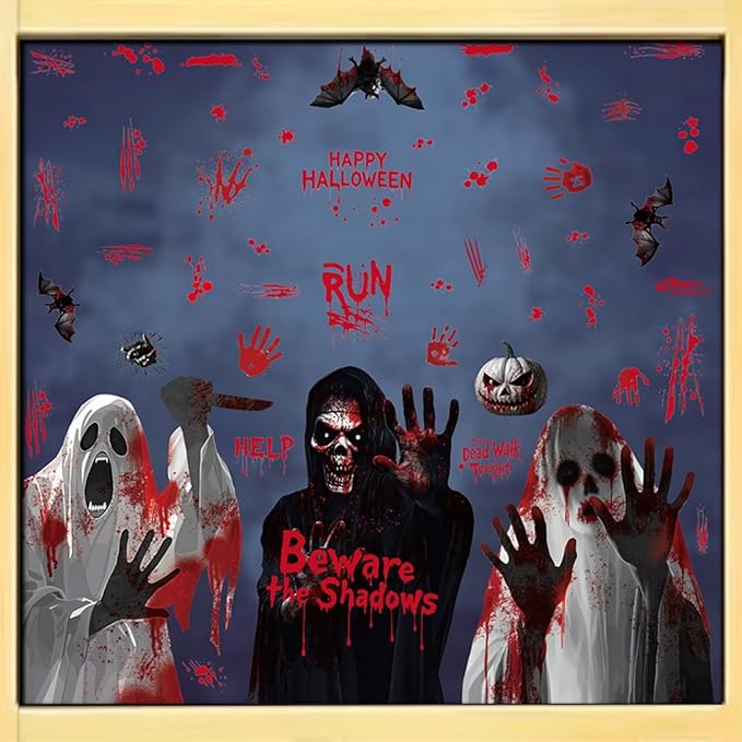 Halloween Ghost Window Clings Horror Bloody Handprints Spooky Ghost Slap The Window Double Sided Large Spooky Designs Halloween Bat Pumpkin Windows Clings for School Home Office Party Supplies Decor